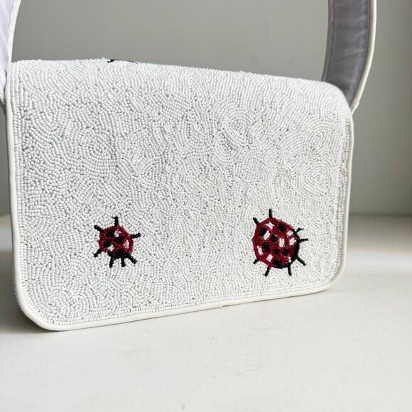 Beaded Lady Bug Lucky White Red Large Baguette Bag - Picture 6 of 14